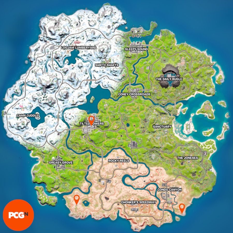 Les épingles orange indiquent où Haven, Shanta et Galactico apparaissent sur la carte Fortnite.