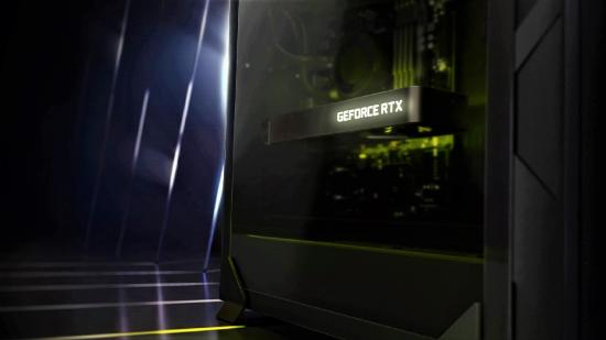 Nvidia RTX 3050 graphics card in rendered PC case