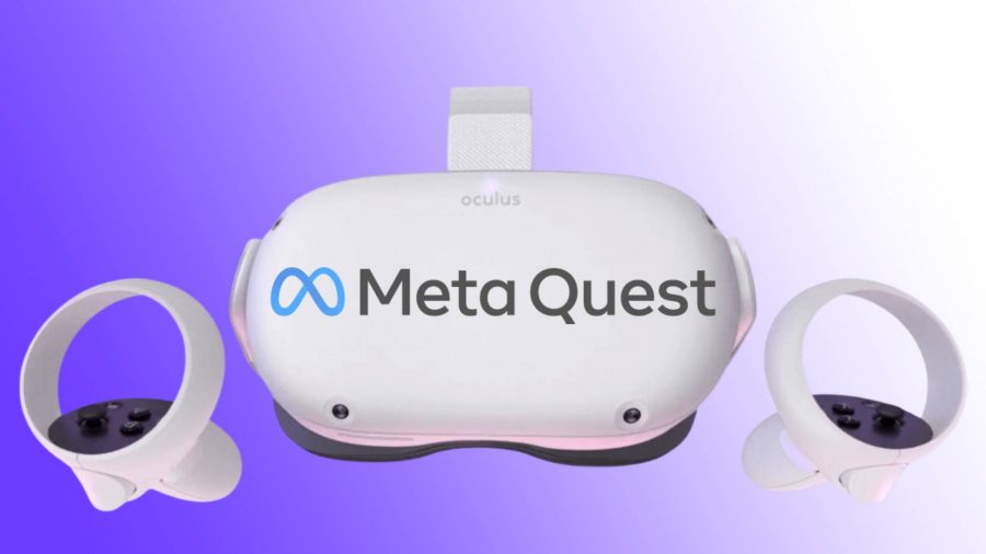 Oculus Quest 2 on blue and white backdrop with Meta Quest logo centre