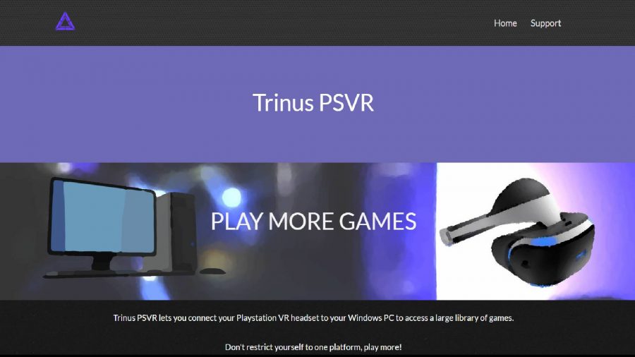 Página de inicio del sitio web de la aplicación Trinus PSVR con tema morado