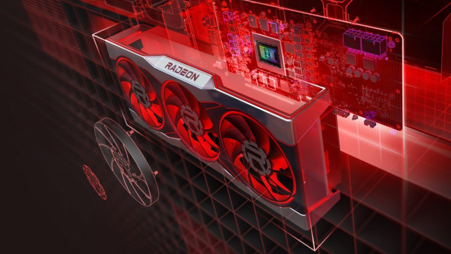 A 3D render of an AMD RDNA Radeon RX GPU