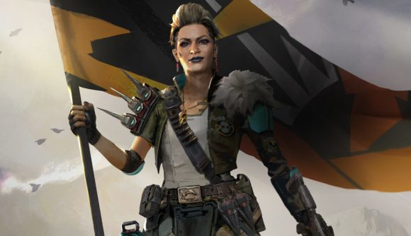 Mad Maggie, the new character in Apex Legends: Defiance, holds a banner