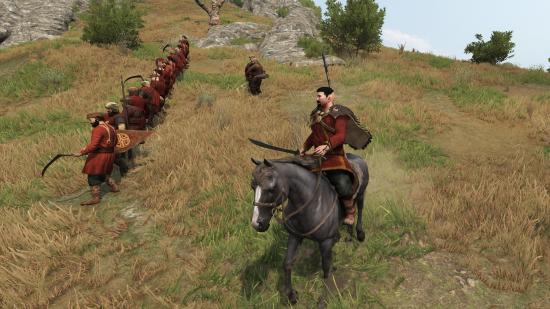 A lord on horseback inspects a small line of basic infantry units in Mount & Blade II: Bannerlord