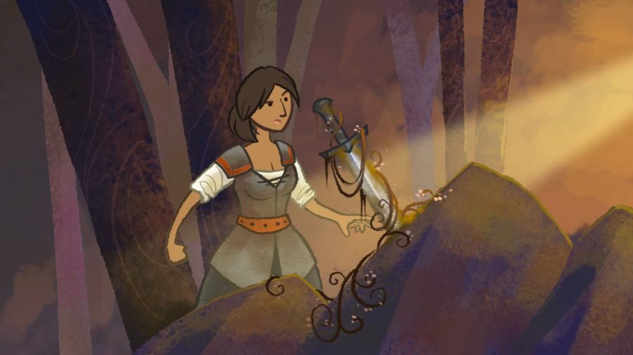 A woman in simple leather clothing in a forest; a beam of light shines on a sword covered in ivy, embedded in a rock, in one of the best indie games, Wildermyth