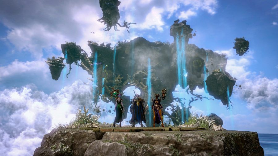 The best MMORPG - three players standing on an island in the sky in Lost Ark.