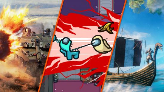 A split image showing scenes from war thunder, among us, and valheim, some of the best multiplayer games