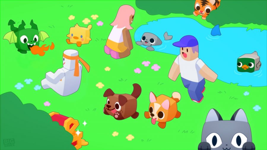 A field full of blocky pets in Pet Simulator X, one of the best Roblox games