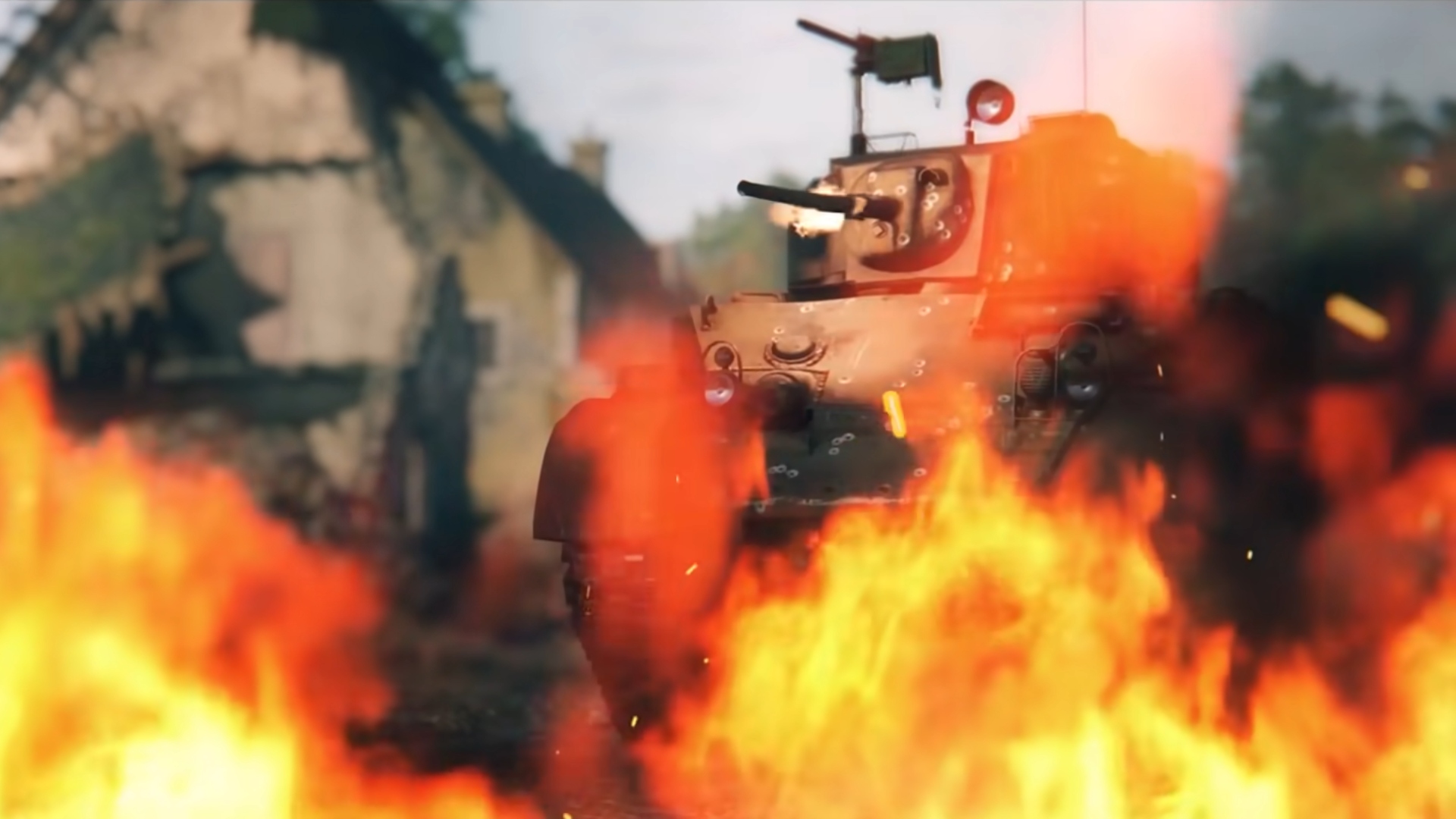 best tank games: a tank in the middle of a rural battlefield surrounded by fire