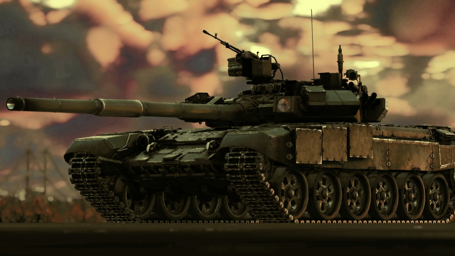 best tank games: a standard military tank in front of a sunset sky