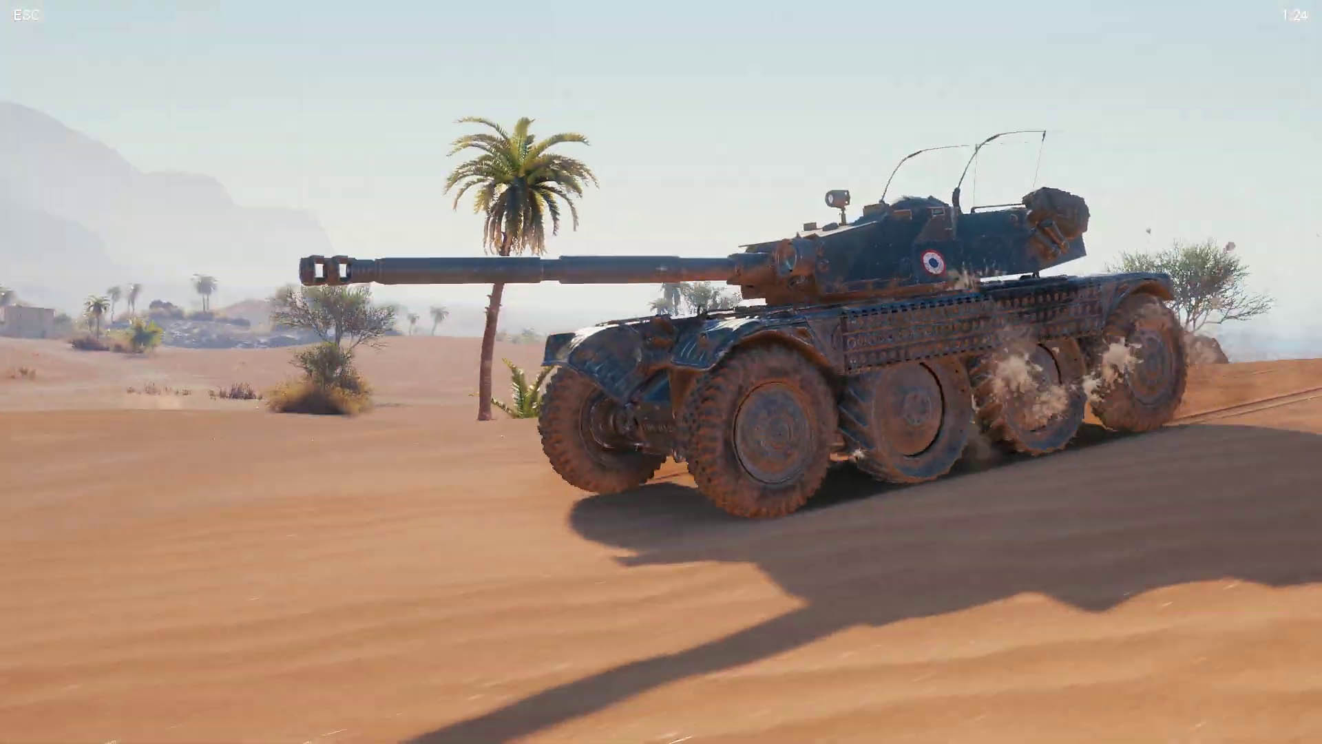 best tank games: a tank with eight wheels driving through the desert sands
