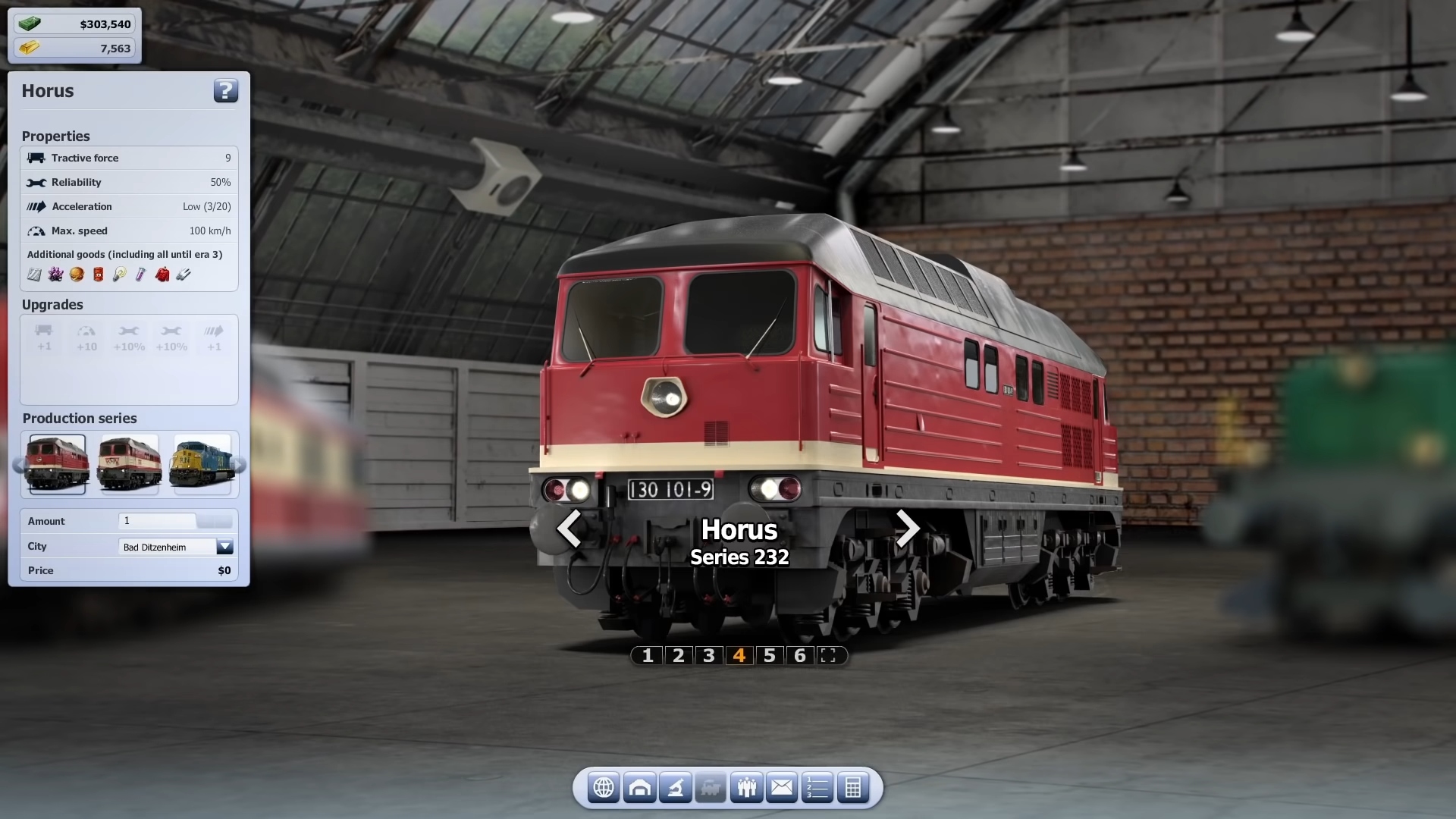 best train games: a highlighted red train inside a warehouse with a box on its left describing some of its features