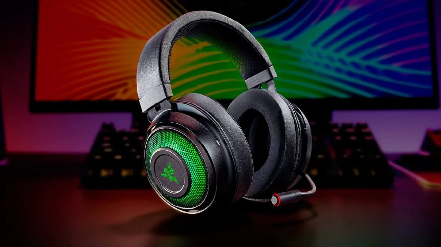 Best wireless gaming headset: Razer Kraken Ultimate sitting on gaming desk