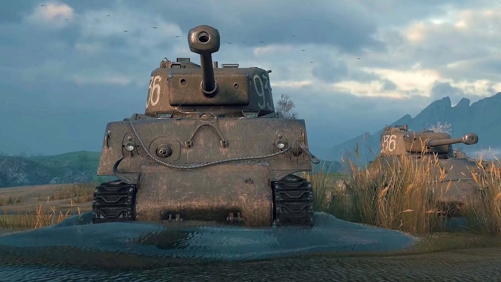 Best world war 2 games: a large tank points its cannon to the sky while sat in a large pool of water in World of Tanks