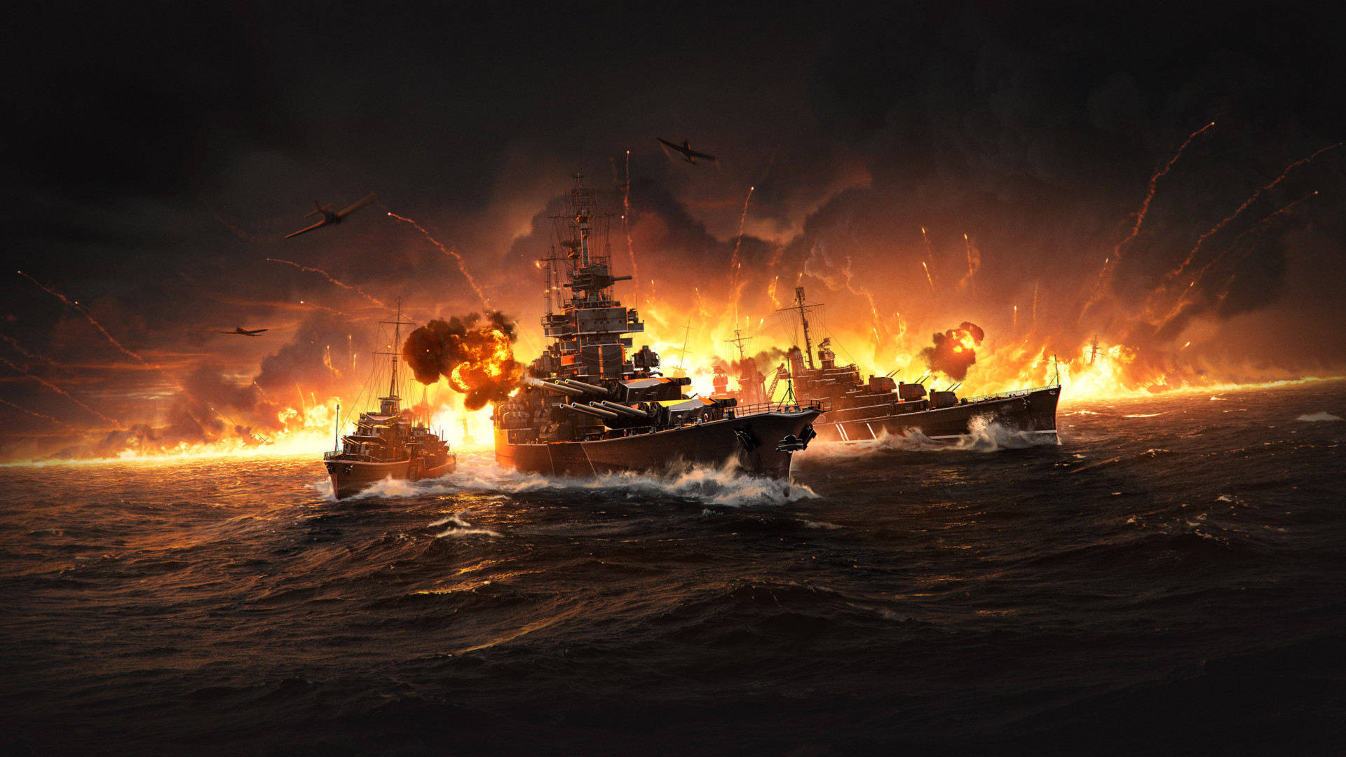 Best world war 2 games: Three large ships explode into flames in the middle of the ocean in World of Warships