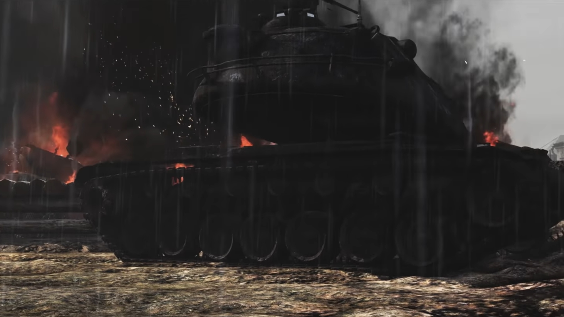 Best world war 2 games: A large tank smokes as rain pours in War Thunder