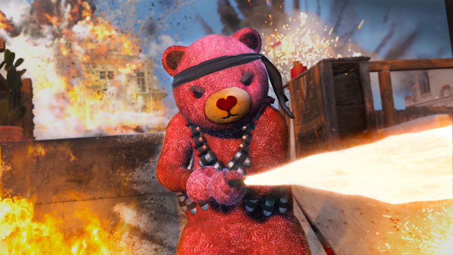 A pink bear using a flamethrower in Call of Duty Vanguard's multiplayer mode