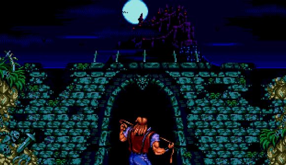 A vampire hunter approaches Dracula's castle in Castlevania