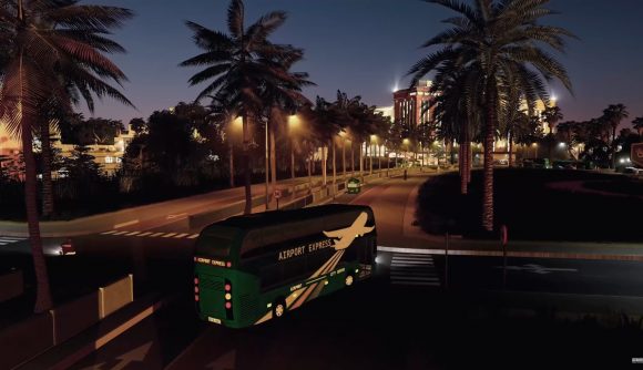 Palms line a city street in Cities: Skylines.