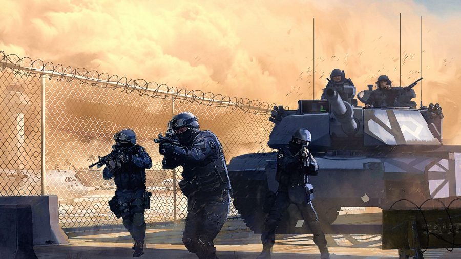 The keyart from Crossfire Legion showing special forces soldiers and a tank moving through the battlefield