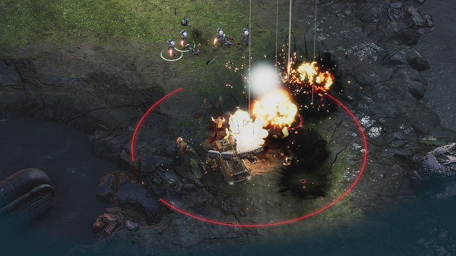An artillery barrage on a base in Crossfire: Legion 