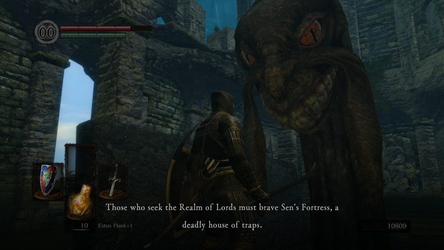 Un guerrier parle de Dark Souls Sens Fortress avec un truc de serpent arboricole