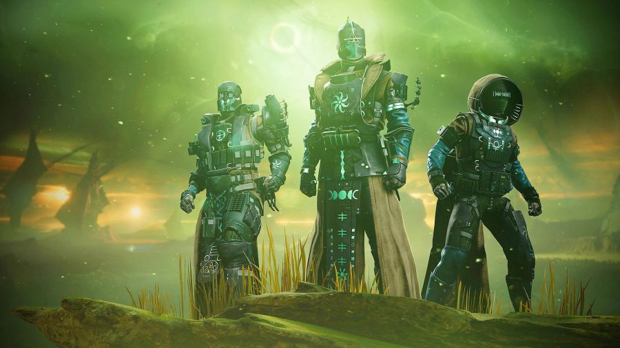 A trio of Destiny 2 Guardians wearing gear from the Witch Queen expansion