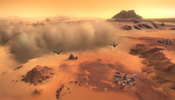 An ornithopter flies ahead of a sandstorm in Dune: Spice Wars.