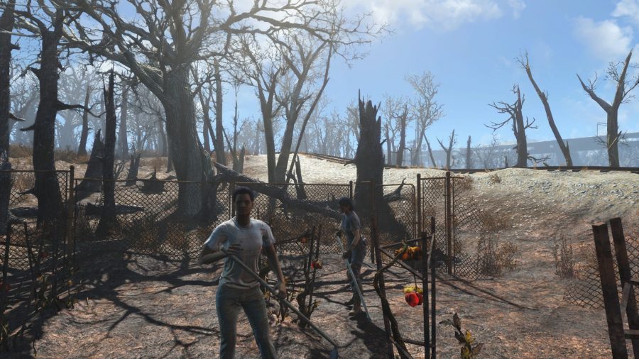 A wastelander farming in a settlement in in Fallout 4