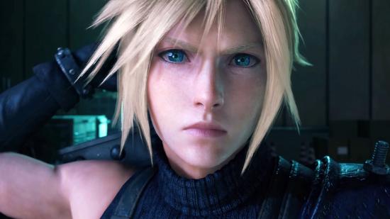 A close-up on Cloud Strife's face in FF7 Remake