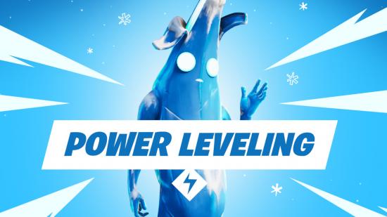 Fortnite's frozen Peely stands in front of a sign for this weekend's power leveling event