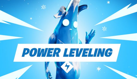 Fortnite's frozen Peely stands in front of a sign for this weekend's power leveling event