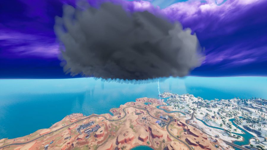 Un nuage d'orage Fortnite frappant la foudre.  Ce n'est pas un nuage de tornade.