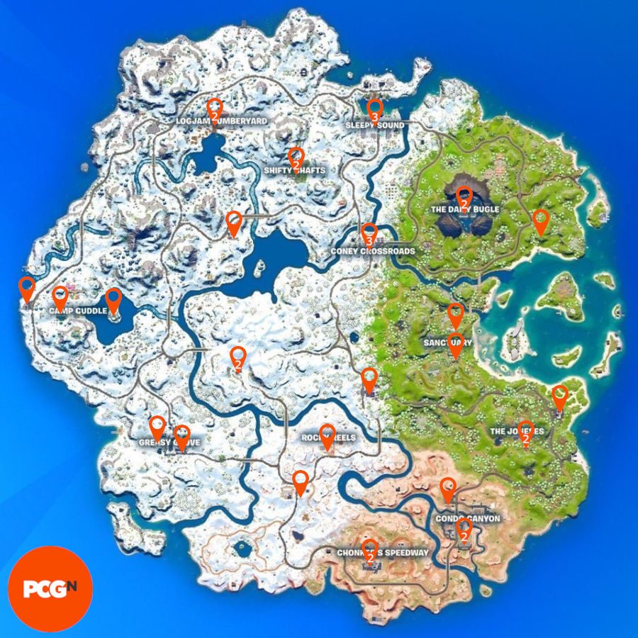 Orange pins showing where the vending machines are in Fortnite.