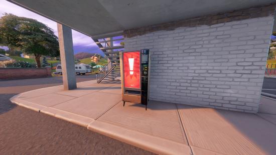 A malfunctioning vending machine in Fortnite. It's red with a corrupting exclamation mark.
