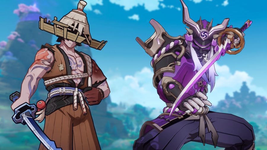 The Nobushi and Kairagi brandishing swords in front of a blurred landscape of Inazuma in Genshin Impact