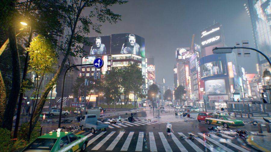 Shibuya Crossing from Tokyo, as depicted in Ghostwire: Tokyo with ghostly apparitions and glitches
