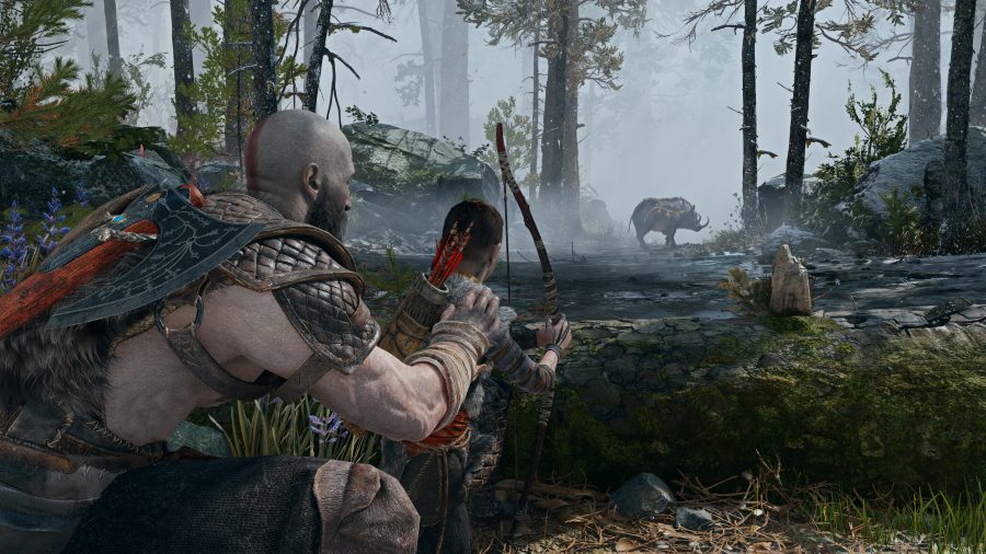 Kratos and Atreus hunt a magical wild boar