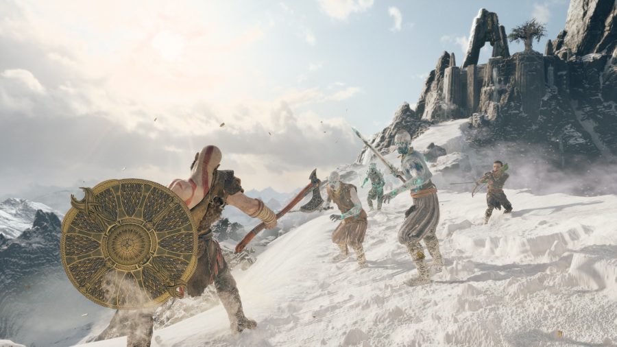 Kratos taunts some enemy reavers atop a snowy mountain peak