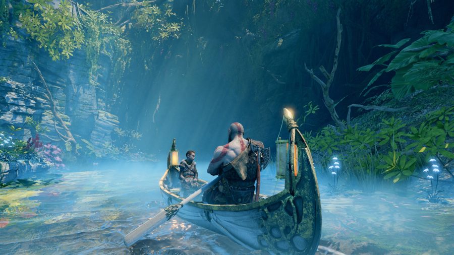 Kratos and Atreus traverse a body of water in a small boat