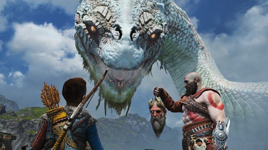 The world serpent, Atreus, and Kratos in our God of War PC review