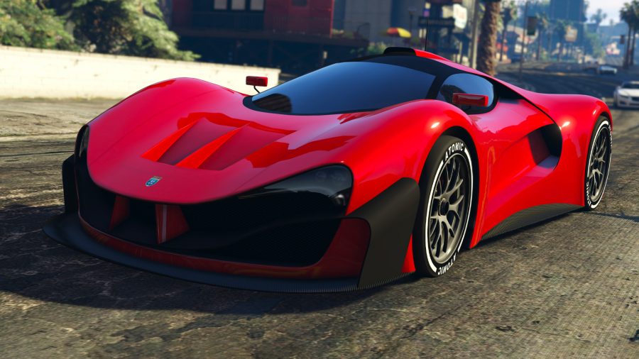 A Grand Theft Auto 5 red car parked on a street in Los Santos