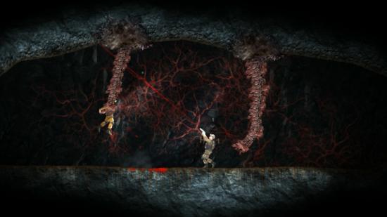 Fighting monsters that have just killed an ally in horror Metroidvania Hidden Deep