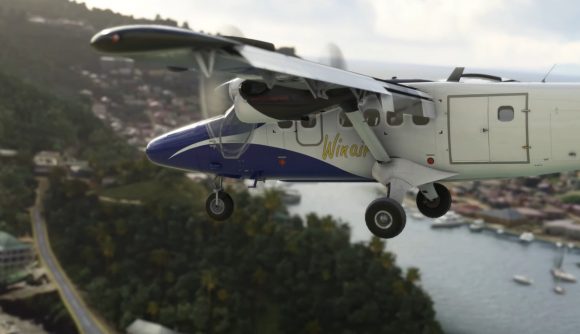 The DHC-6 Twin Otter flies over a bay in Microsoft Flight Simulator.