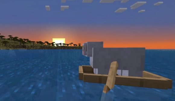 A Minecraft sheep sits on a boat in front of a sunset