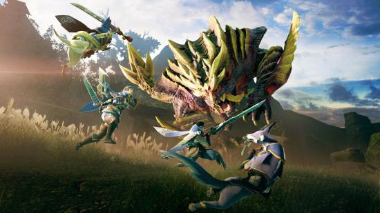 A cinematic showing buddies, hunters, and monsters battling in our Monster Hunter Rise PC review