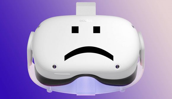 Oculus Quest 2 headset with sad text face on blue backdrop