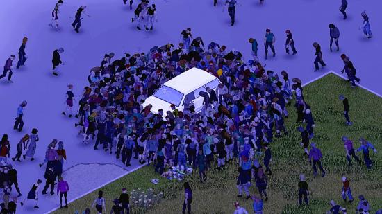 A horde of zombies swarms a white sedan in Project Zomboid