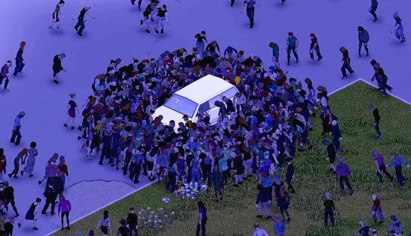 A horde of zombies swarms a white sedan in Project Zomboid