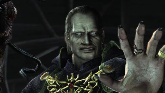 Osmund raises his hand and glares maniacally in Resident Evil 4 with the HD remaster mod enabled.