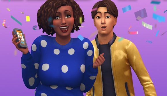 Two Sims 4 characters look at the camera while confetti explodes in the background